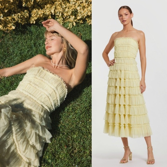 Mac Duggal NEW Buttercup Yellow Mesh Micro Ruffle Strapless Midi Dress - Size 10